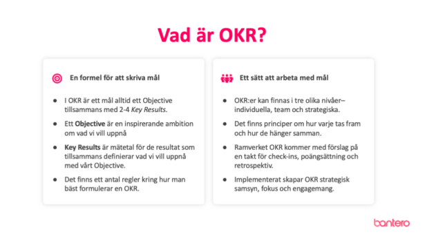 Vad är OKR - bilden beskriver i text innebörden av Objectives & Key Results två komponenter.